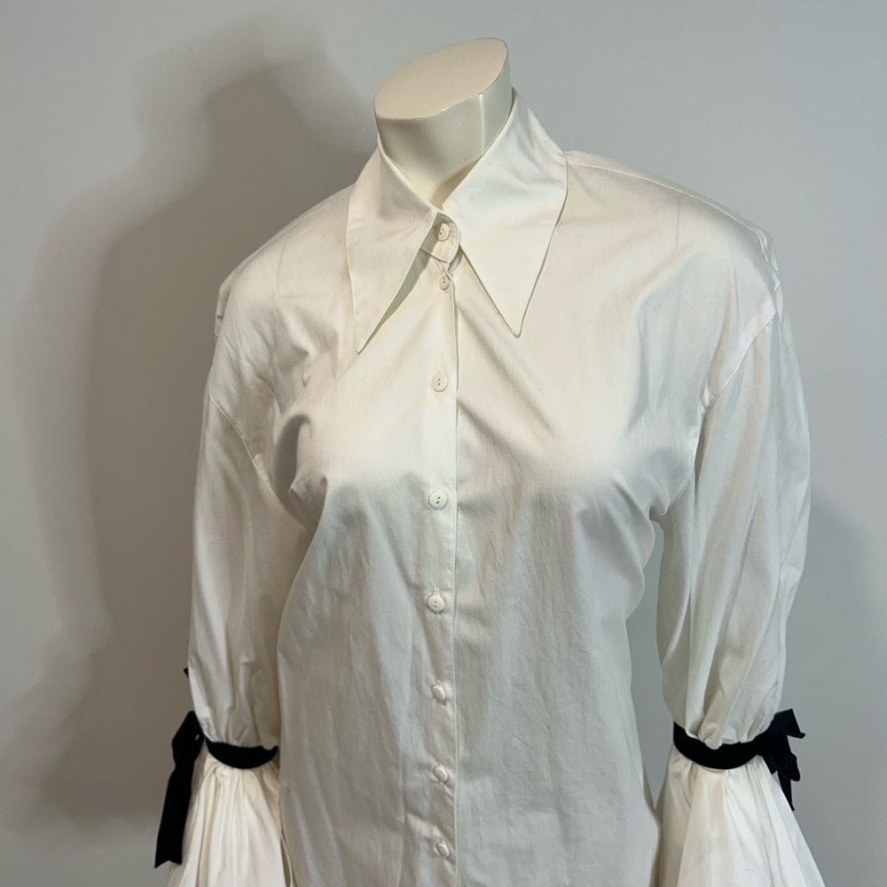 Elegant White Button Down Shirt with Black bow by Marcella NY❤️4 - Picture 2 of 14